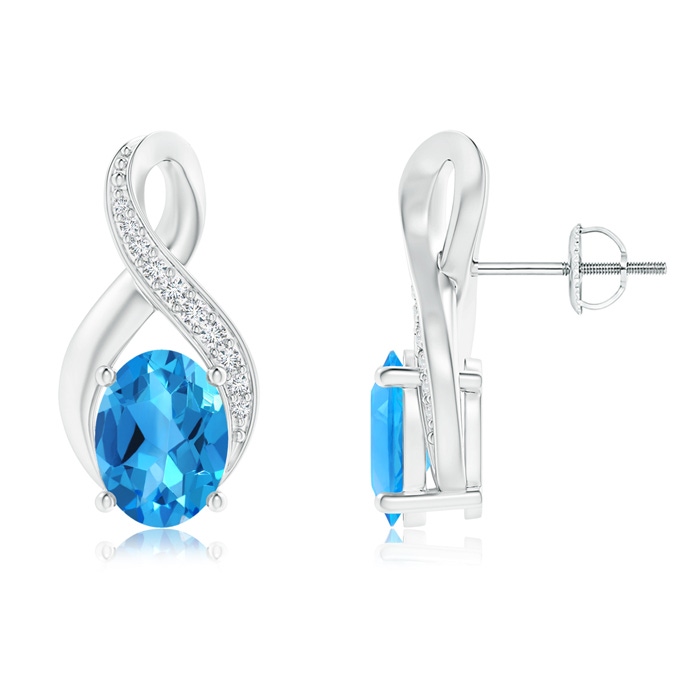 8x6mm AAAA Oval Swiss Blue Topaz Infinity Earrings with Diamonds in White Gold 