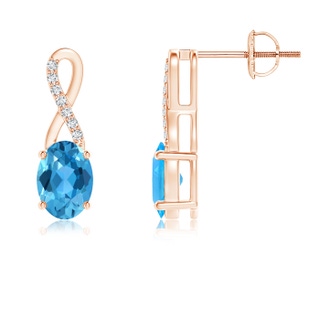 7x5mm AAA Oval Swiss Blue Topaz and Diamond Ribbon Earrings in Rose Gold