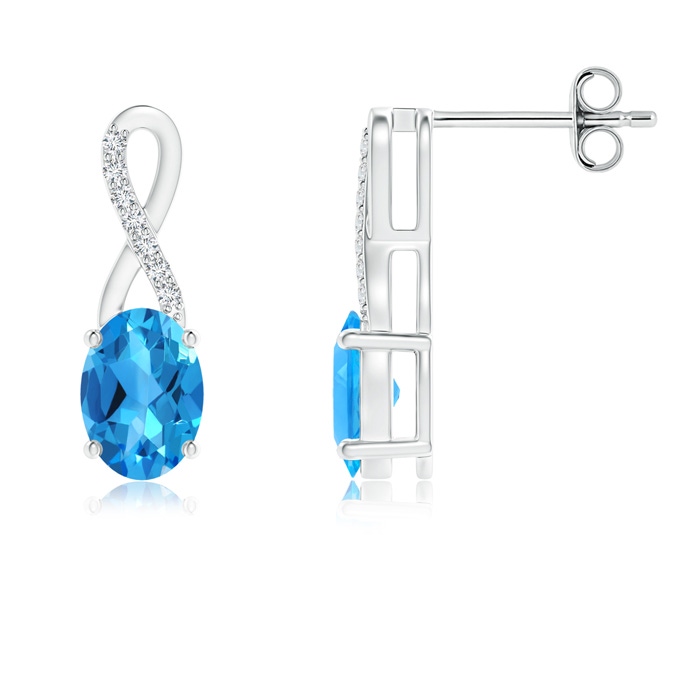 7x5mm AAAA Oval Swiss Blue Topaz and Diamond Ribbon Earrings in S999 Silver