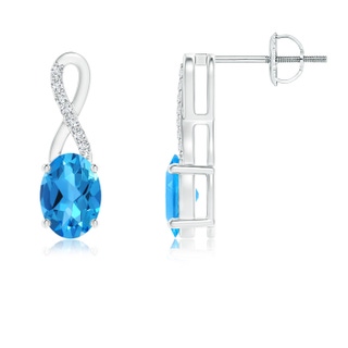 7x5mm AAAA Oval Swiss Blue Topaz and Diamond Ribbon Earrings in White Gold