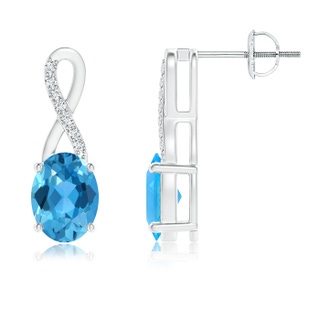 8x6mm AAA Oval Swiss Blue Topaz and Diamond Ribbon Earrings in White Gold