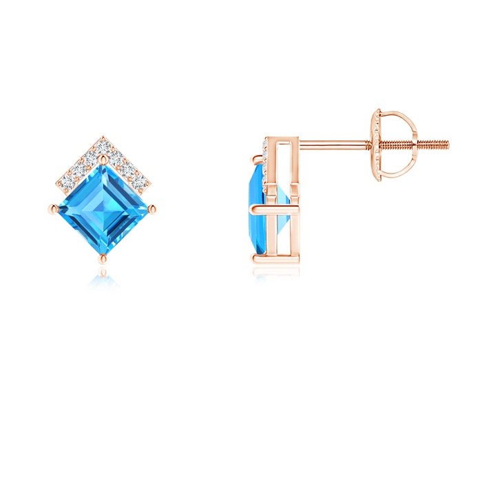 4mm AAAA Swiss Blue Topaz and Diamond Chevron Stud Earrings in Rose Gold