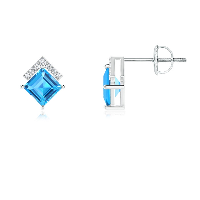 4mm AAAA Swiss Blue Topaz and Diamond Chevron Stud Earrings in White Gold