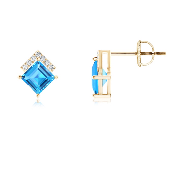 4mm AAAA Swiss Blue Topaz and Diamond Chevron Stud Earrings in Yellow Gold