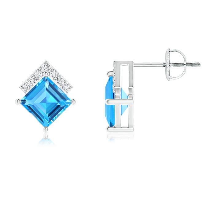 5mm AAAA Swiss Blue Topaz and Diamond Chevron Stud Earrings in P950 Platinum 