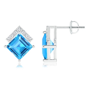 6mm AAAA Swiss Blue Topaz and Diamond Chevron Stud Earrings in P950 Platinum