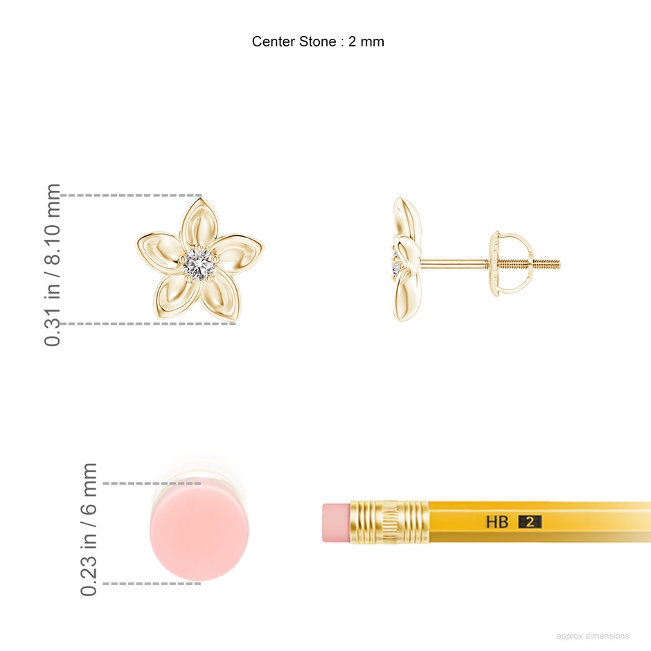 2mm IJI1I2 Classic Diamond Plumeria Flower Earrings in Yellow Gold ruler