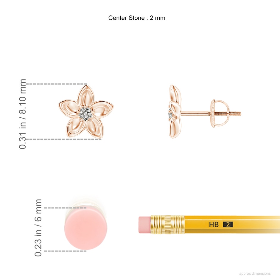 2mm KI3 Classic Diamond Plumeria Flower Earrings in Rose Gold ruler