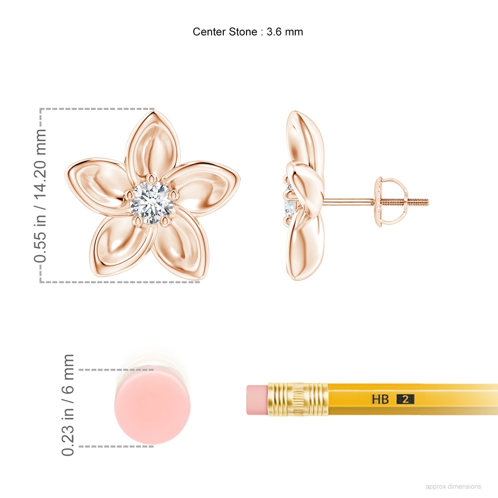 3.6mm GVS2 Classic Diamond Plumeria Flower Earrings in Rose Gold ruler