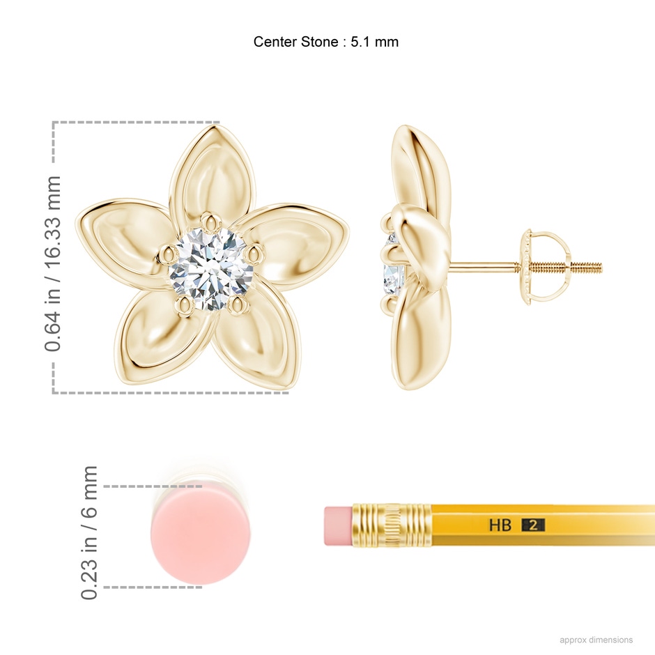 5.1mm GVS2 Classic Diamond Plumeria Flower Earrings in 18K Yellow Gold ruler