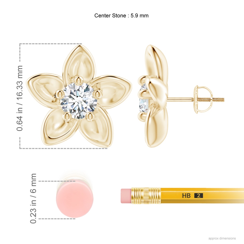 5.9mm GVS2 Classic Diamond Plumeria Flower Earrings in Yellow Gold ruler