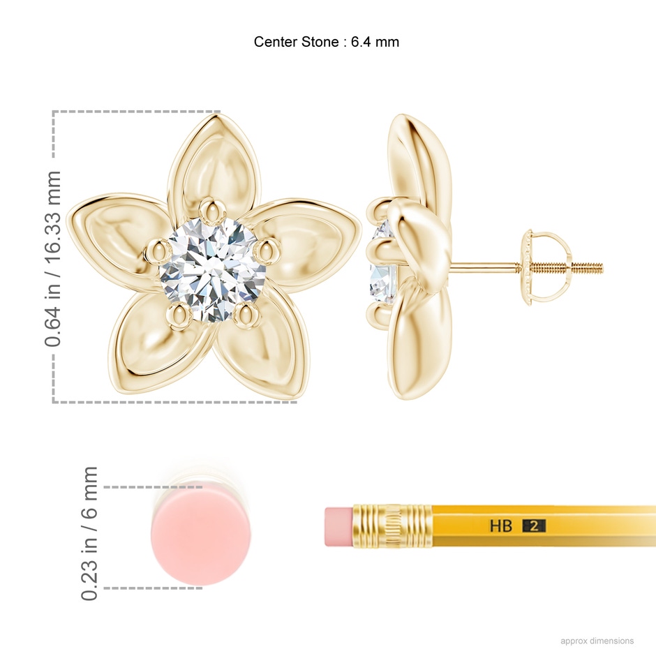 6.4mm GVS2 Classic Diamond Plumeria Flower Earrings in 18K Yellow Gold ruler
