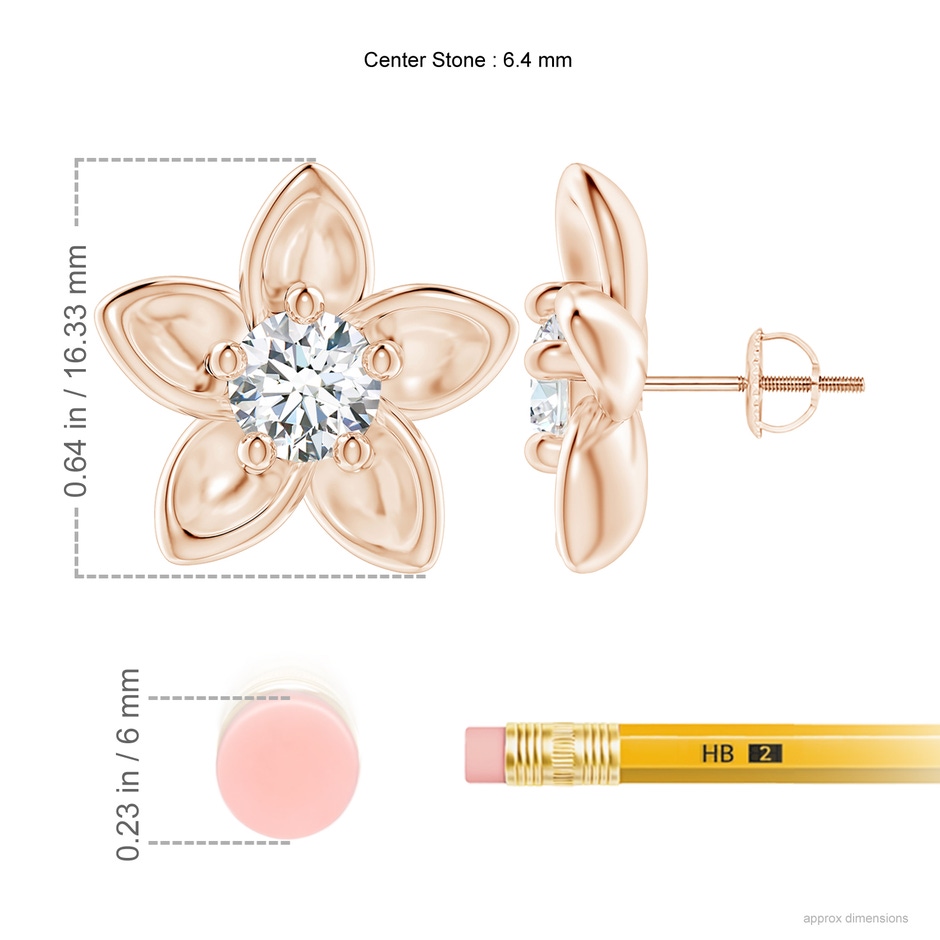 6.4mm GVS2 Classic Diamond Plumeria Flower Earrings in Rose Gold ruler
