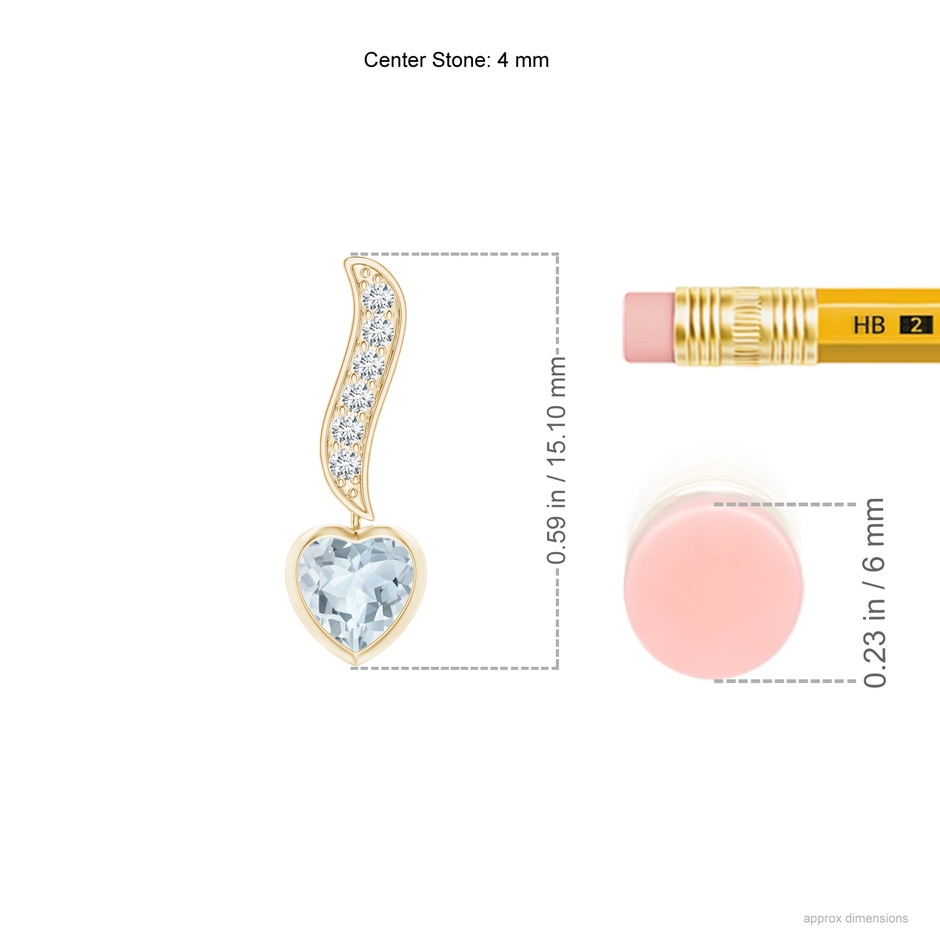4mm A Heart-Shaped Aquamarine and Diamond Swirl Drop Earrings in Yellow Gold ruler