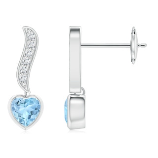 4mm AAA Heart-Shaped Aquamarine and Diamond Swirl Drop Earrings in White Gold