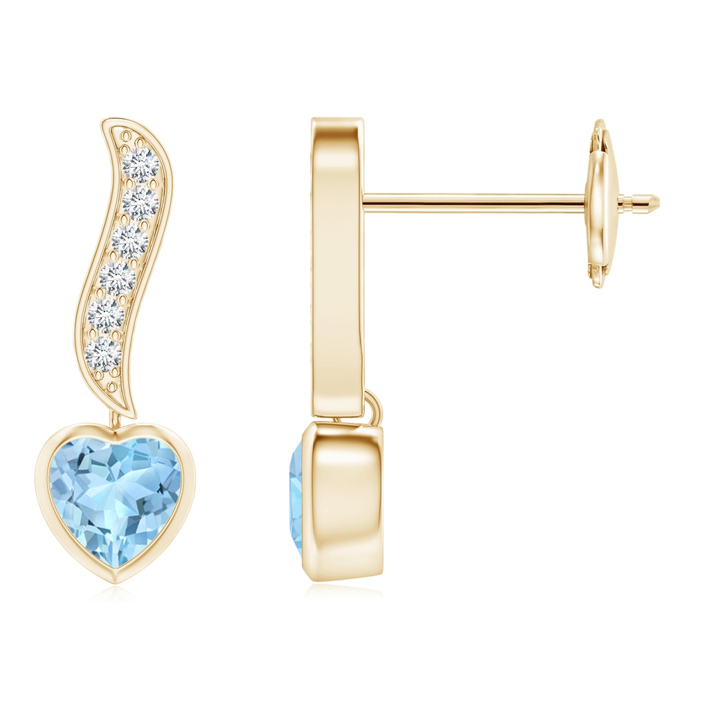 4mm AAA Heart-Shaped Aquamarine and Diamond Swirl Drop Earrings in Yellow Gold