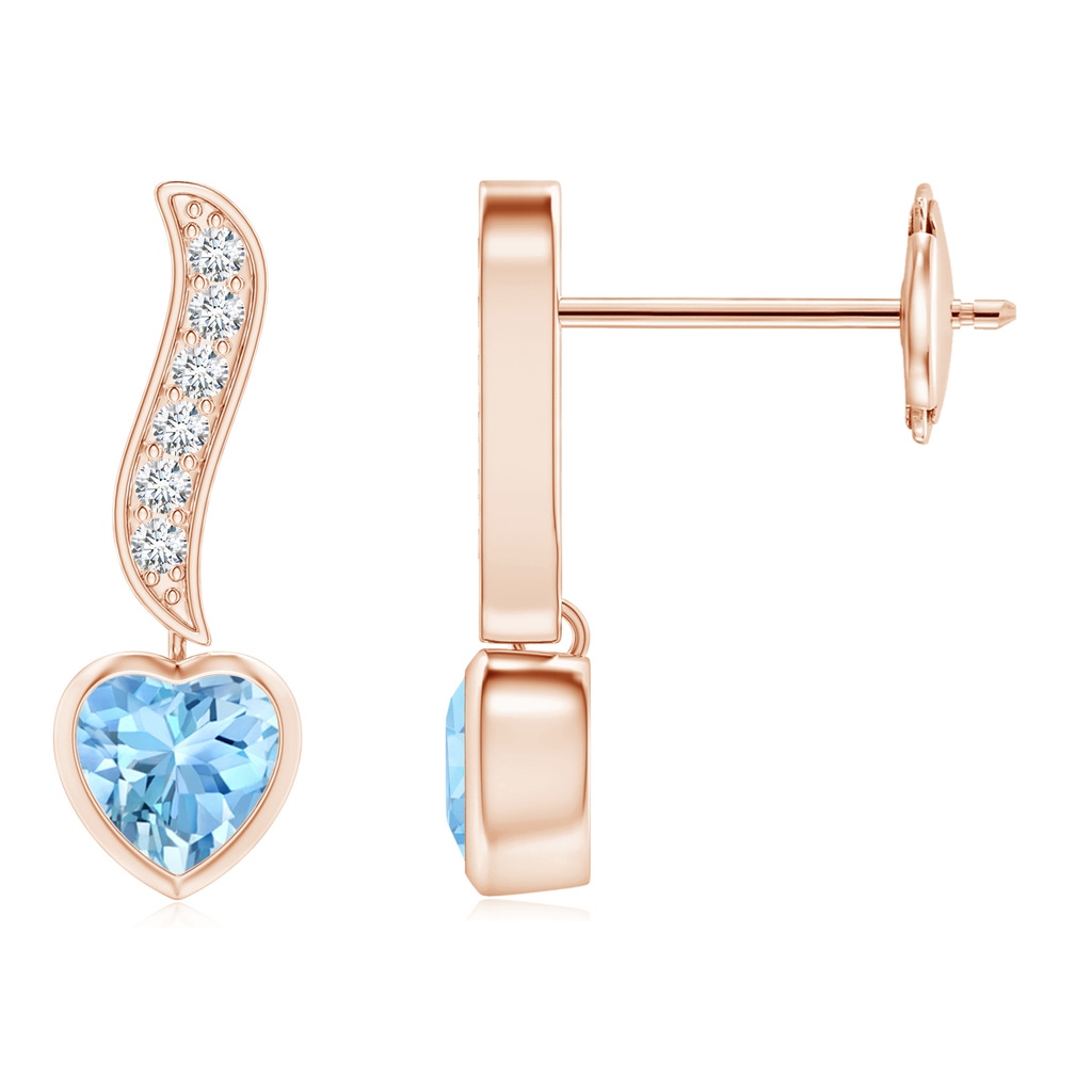 4mm AAAA Heart-Shaped Aquamarine and Diamond Swirl Drop Earrings in Rose Gold