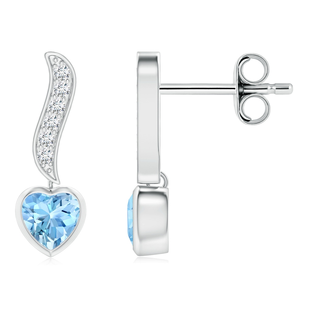 4mm AAAA Heart-Shaped Aquamarine and Diamond Swirl Drop Earrings in S999 Silver