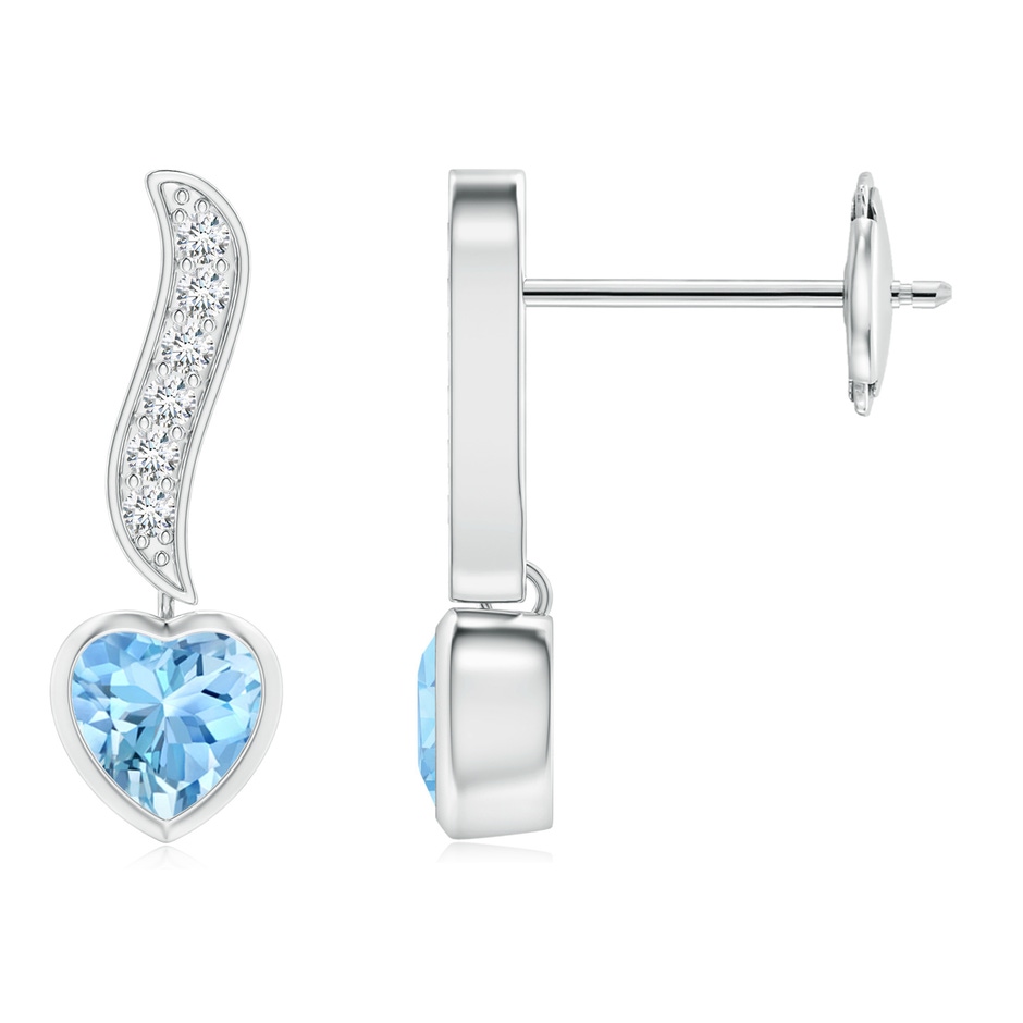 4mm AAAA Heart-Shaped Aquamarine and Diamond Swirl Drop Earrings in White Gold 