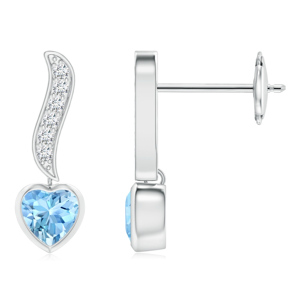 4mm AAAA Heart-Shaped Aquamarine and Diamond Swirl Drop Earrings in White Gold