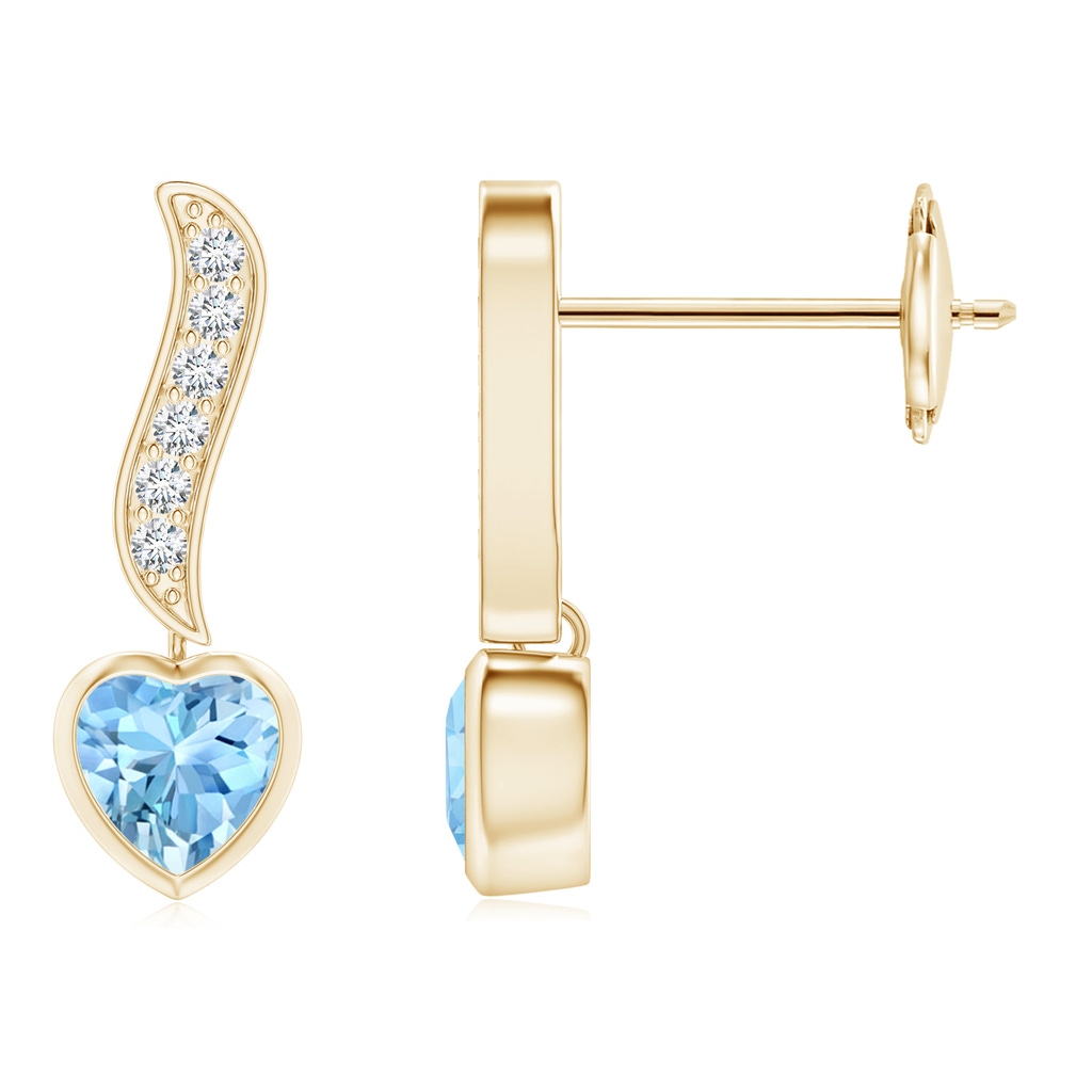 4mm AAAA Heart-Shaped Aquamarine and Diamond Swirl Drop Earrings in Yellow Gold
