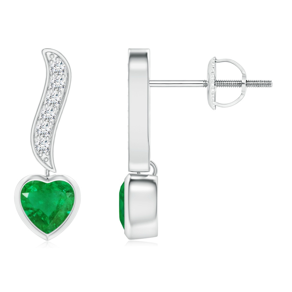 4mm AA Heart-Shaped Emerald and Diamond Swirl Drop Earrings in P950 Platinum 