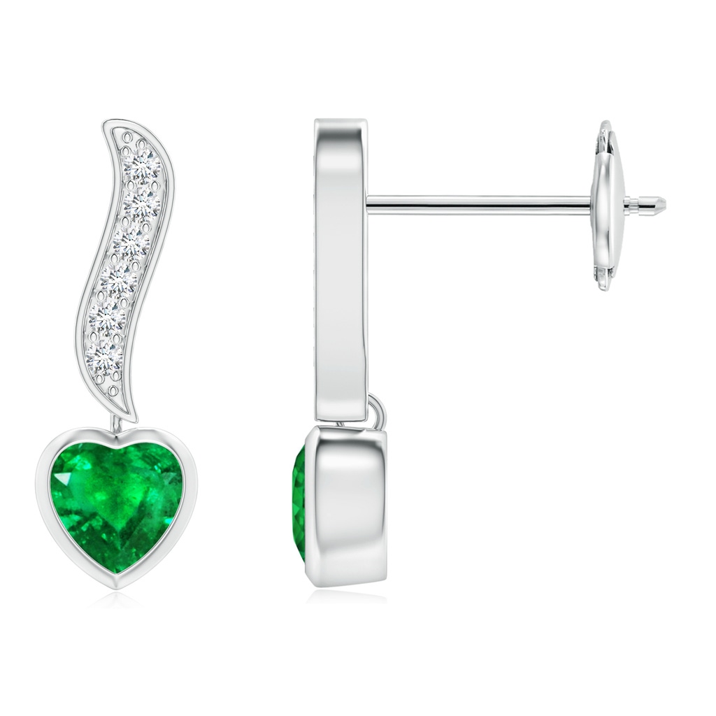 4mm AAA Heart-Shaped Emerald and Diamond Swirl Drop Earrings in White Gold