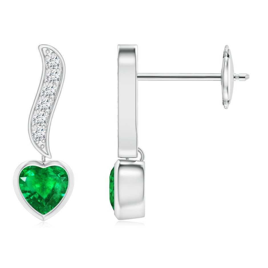 4mm AAA Heart-Shaped Emerald and Diamond Swirl Drop Earrings in White Gold 