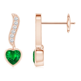 4mm AAAA Heart-Shaped Emerald and Diamond Swirl Drop Earrings in Rose Gold