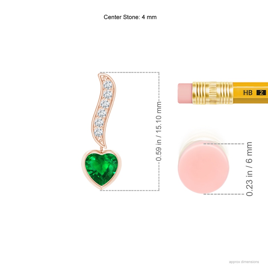 4mm AAAA Heart-Shaped Emerald and Diamond Swirl Drop Earrings in Rose Gold ruler