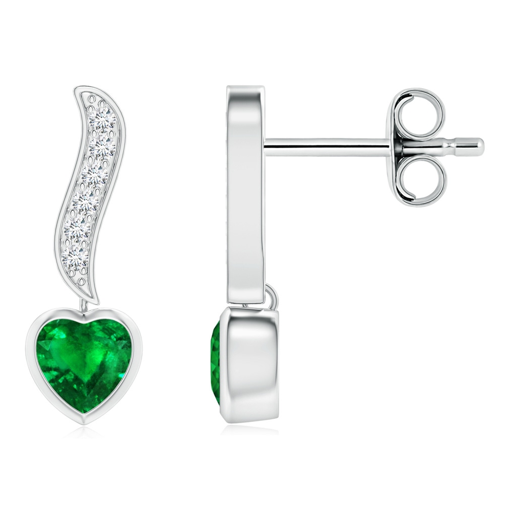 4mm AAAA Heart-Shaped Emerald and Diamond Swirl Drop Earrings in S999 Silver