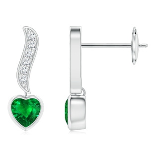 4mm AAAA Heart-Shaped Emerald and Diamond Swirl Drop Earrings in White Gold