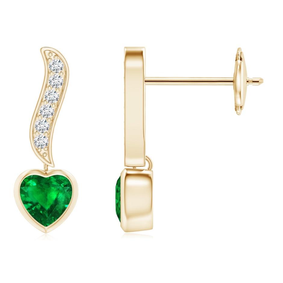 4mm AAAA Heart-Shaped Emerald and Diamond Swirl Drop Earrings in Yellow Gold 