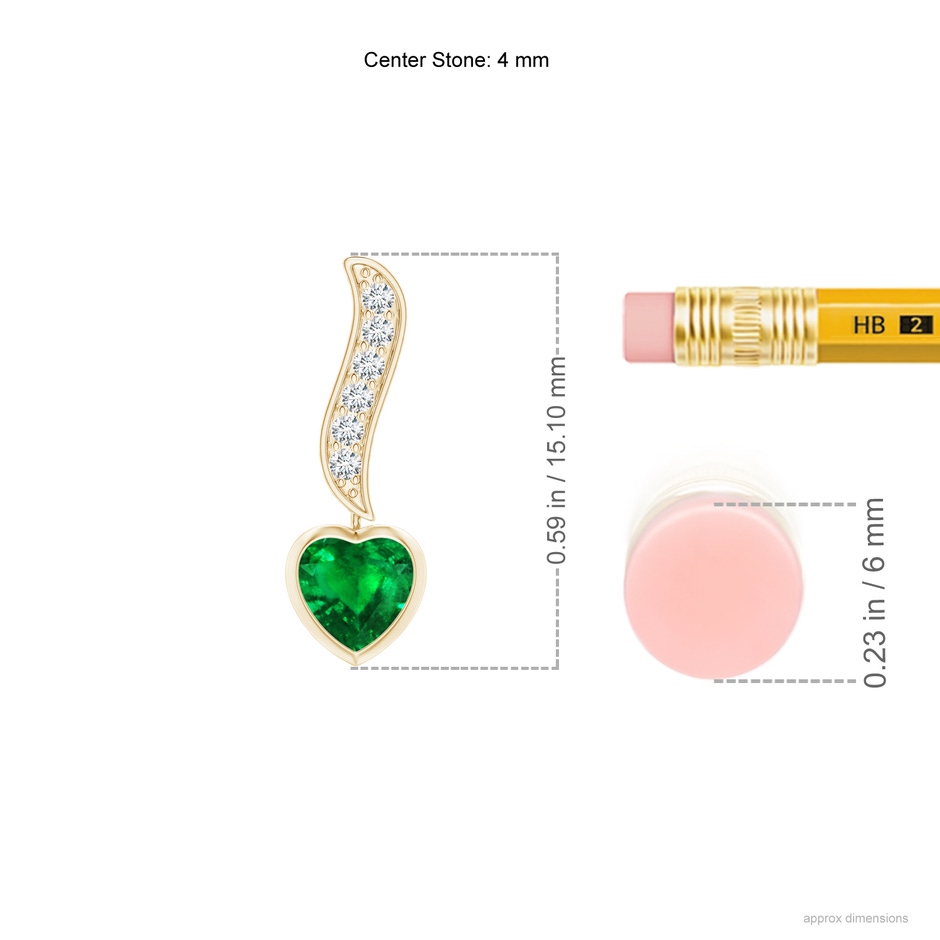 4mm AAAA Heart-Shaped Emerald and Diamond Swirl Drop Earrings in Yellow Gold ruler