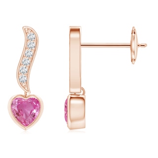 4mm AAA Heart-Shaped Pink Sapphire and Diamond Swirl Drop Earrings in Rose Gold