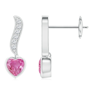 4mm AAA Heart-Shaped Pink Sapphire and Diamond Swirl Drop Earrings in White Gold