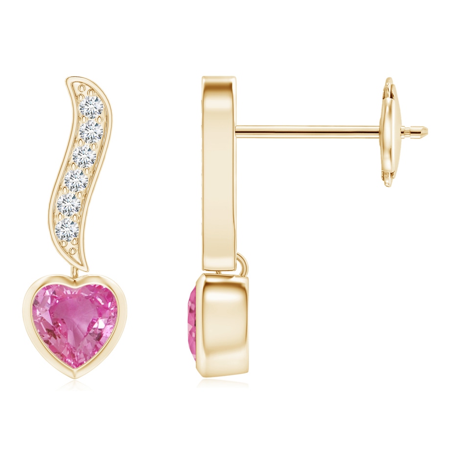 4mm AAA Heart-Shaped Pink Sapphire and Diamond Swirl Drop Earrings in Yellow Gold 