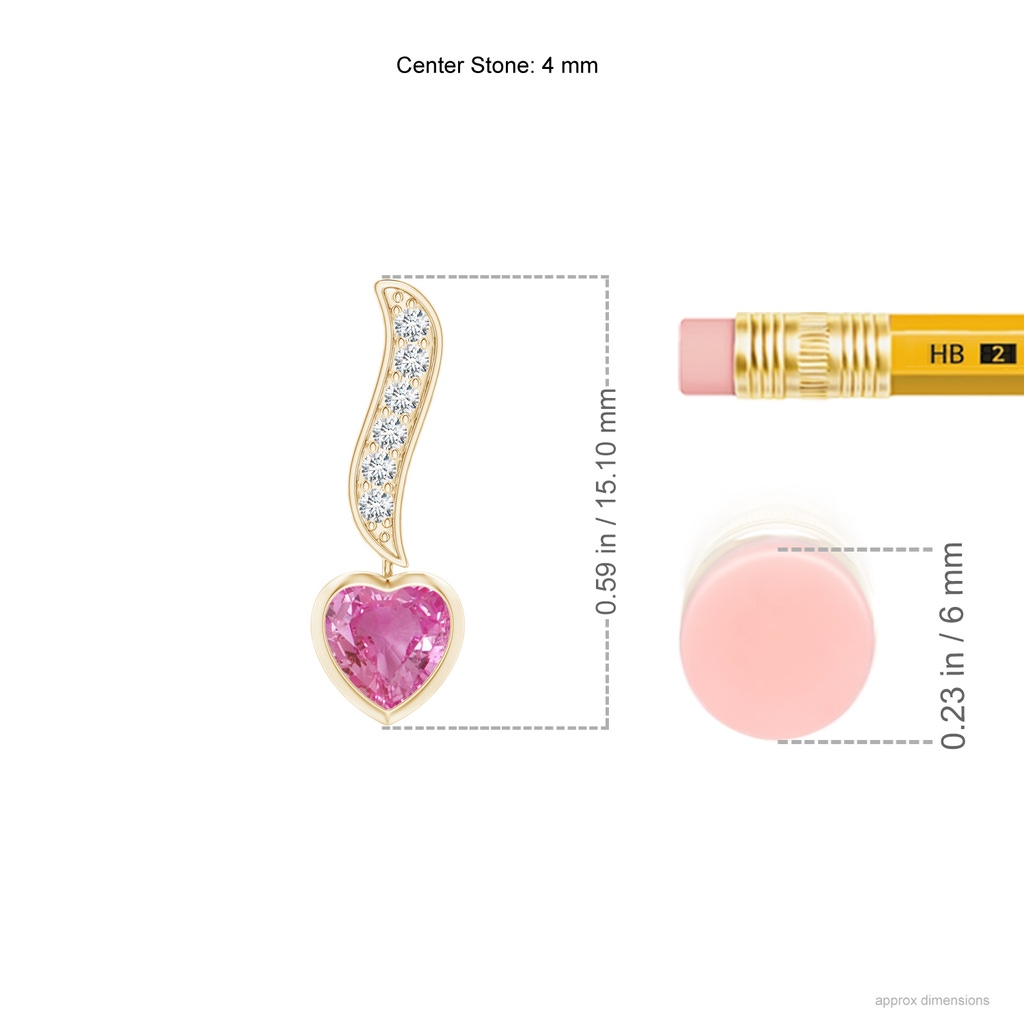 4mm AAA Heart-Shaped Pink Sapphire and Diamond Swirl Drop Earrings in Yellow Gold ruler
