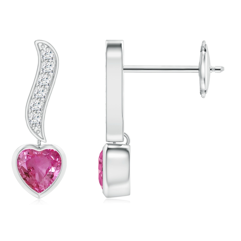 4mm AAAA Heart-Shaped Pink Sapphire and Diamond Swirl Drop Earrings in 9K White Gold