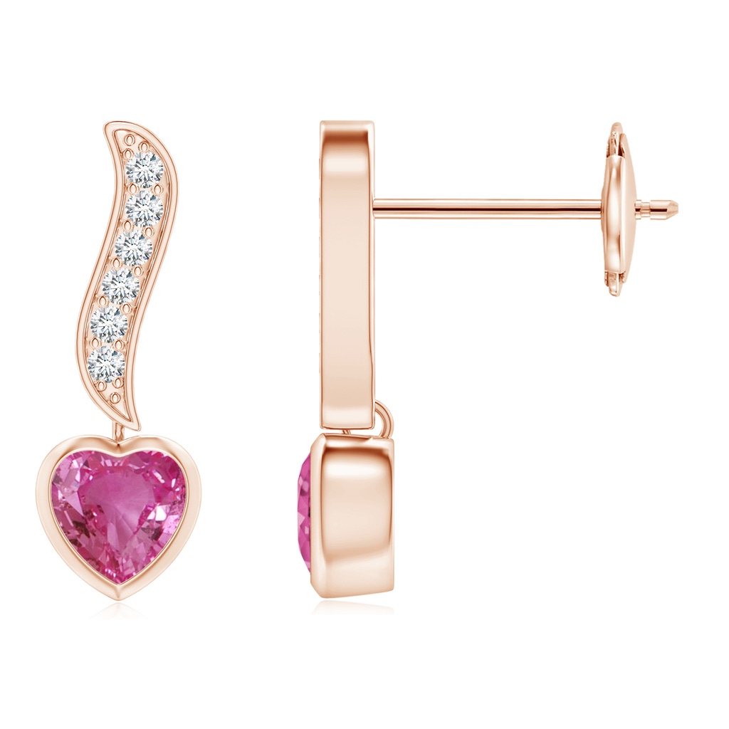 4mm AAAA Heart-Shaped Pink Sapphire and Diamond Swirl Drop Earrings in Rose Gold