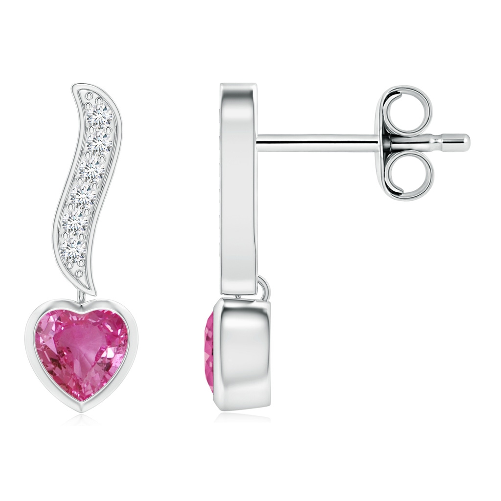 4mm AAAA Heart-Shaped Pink Sapphire and Diamond Swirl Drop Earrings in S999 Silver