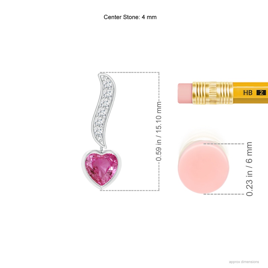 4mm AAAA Heart-Shaped Pink Sapphire and Diamond Swirl Drop Earrings in S999 Silver ruler