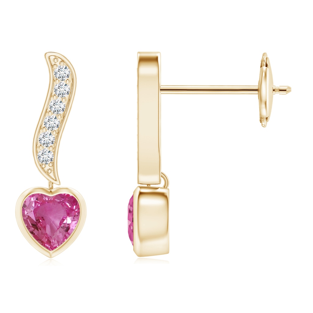 4mm AAAA Heart-Shaped Pink Sapphire and Diamond Swirl Drop Earrings in Yellow Gold