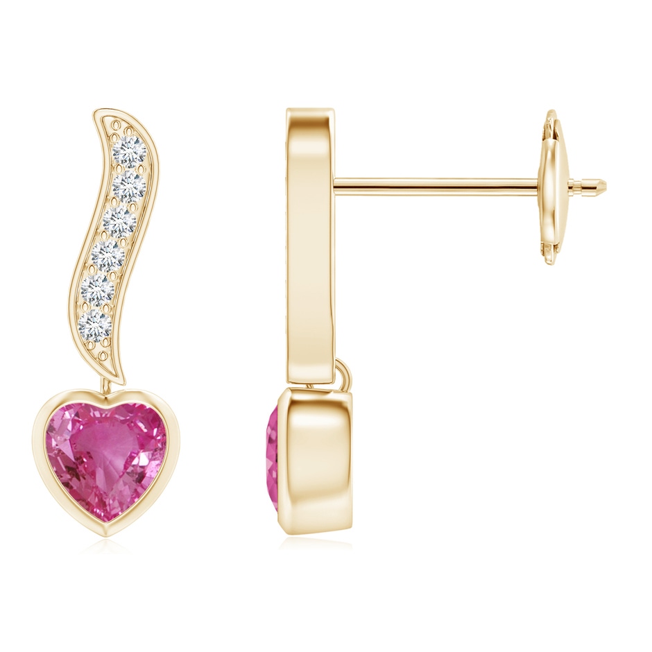 4mm AAAA Heart-Shaped Pink Sapphire and Diamond Swirl Drop Earrings in Yellow Gold 