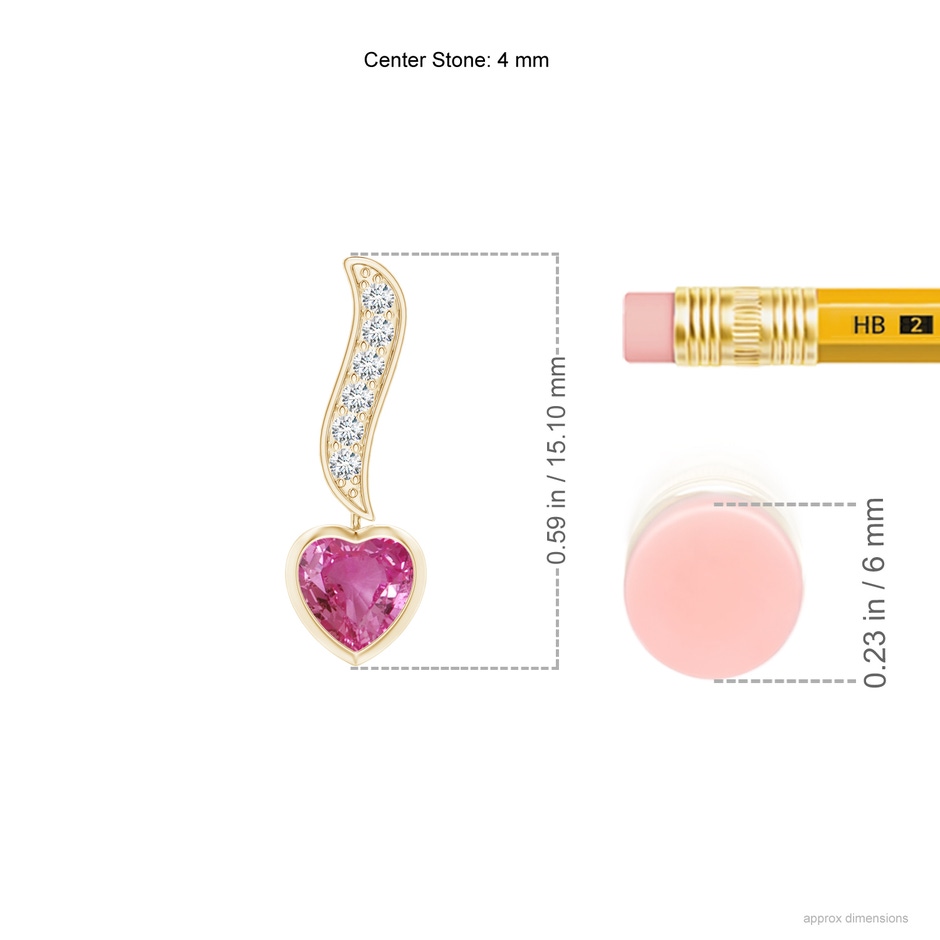 4mm AAAA Heart-Shaped Pink Sapphire and Diamond Swirl Drop Earrings in Yellow Gold ruler