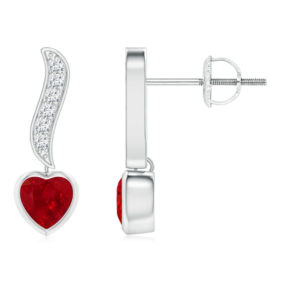4mm AAA Heart-Shaped Ruby and Diamond Swirl Drop Earrings in P950 Platinum 