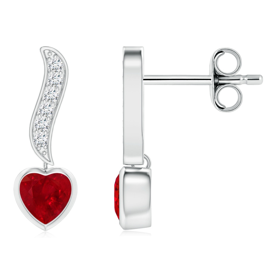 4mm AAA Heart-Shaped Ruby and Diamond Swirl Drop Earrings in S999 Silver 