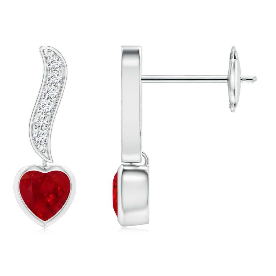 4mm AAA Heart-Shaped Ruby and Diamond Swirl Drop Earrings in White Gold 