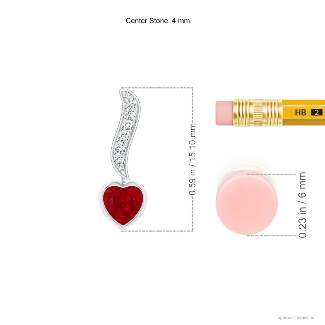 4mm AAA Heart-Shaped Ruby and Diamond Swirl Drop Earrings in White Gold - ruler