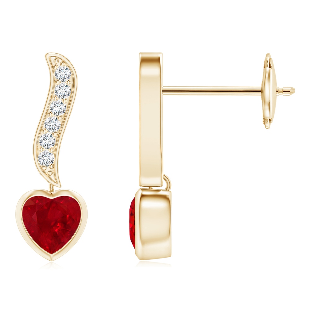 4mm AAA Heart-Shaped Ruby and Diamond Swirl Drop Earrings in Yellow Gold